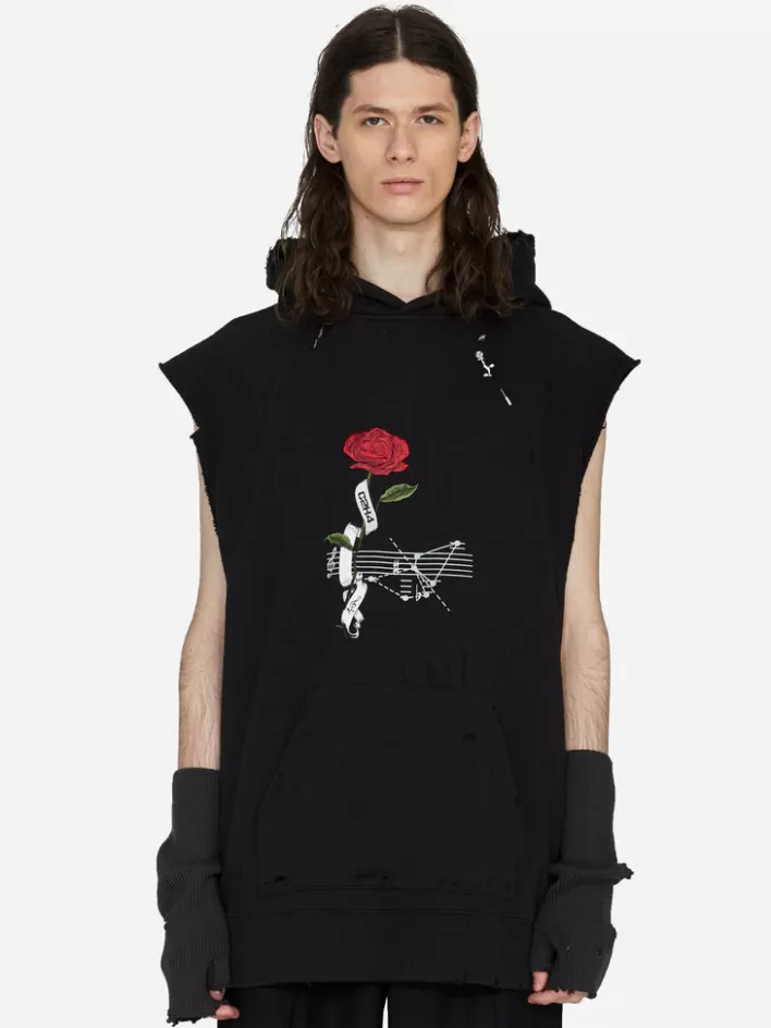 Hot C2H4 003 - "Rose On Score" Distressed Sleeveless Hoodie Black