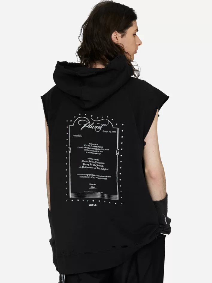 Hot C2H4 003 - "Rose On Score" Distressed Sleeveless Hoodie Black
