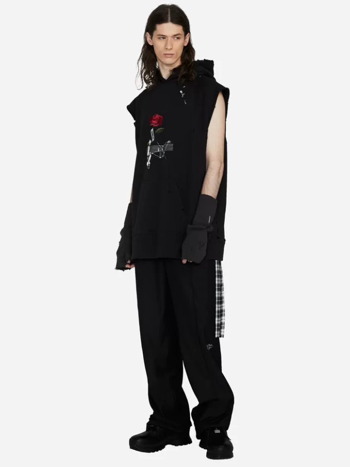 Hot C2H4 003 - "Rose On Score" Distressed Sleeveless Hoodie Black