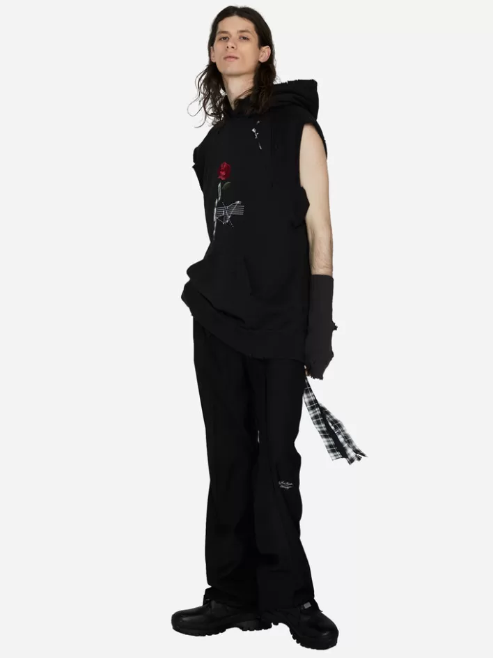 Hot C2H4 003 - "Rose On Score" Distressed Sleeveless Hoodie Black