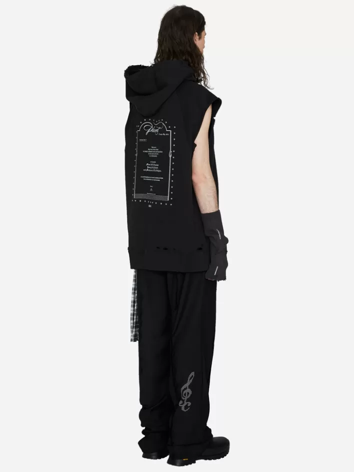 Hot C2H4 003 - "Rose On Score" Distressed Sleeveless Hoodie Black