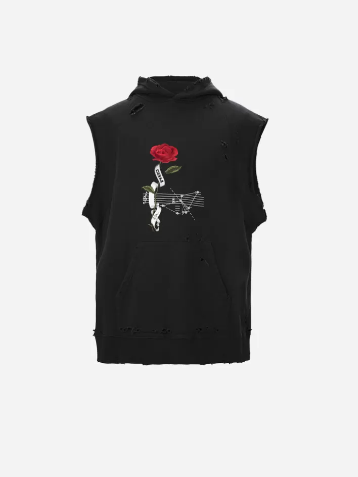Hot C2H4 003 - "Rose On Score" Distressed Sleeveless Hoodie Black