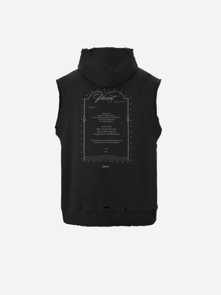 Hot C2H4 003 - "Rose On Score" Distressed Sleeveless Hoodie Black