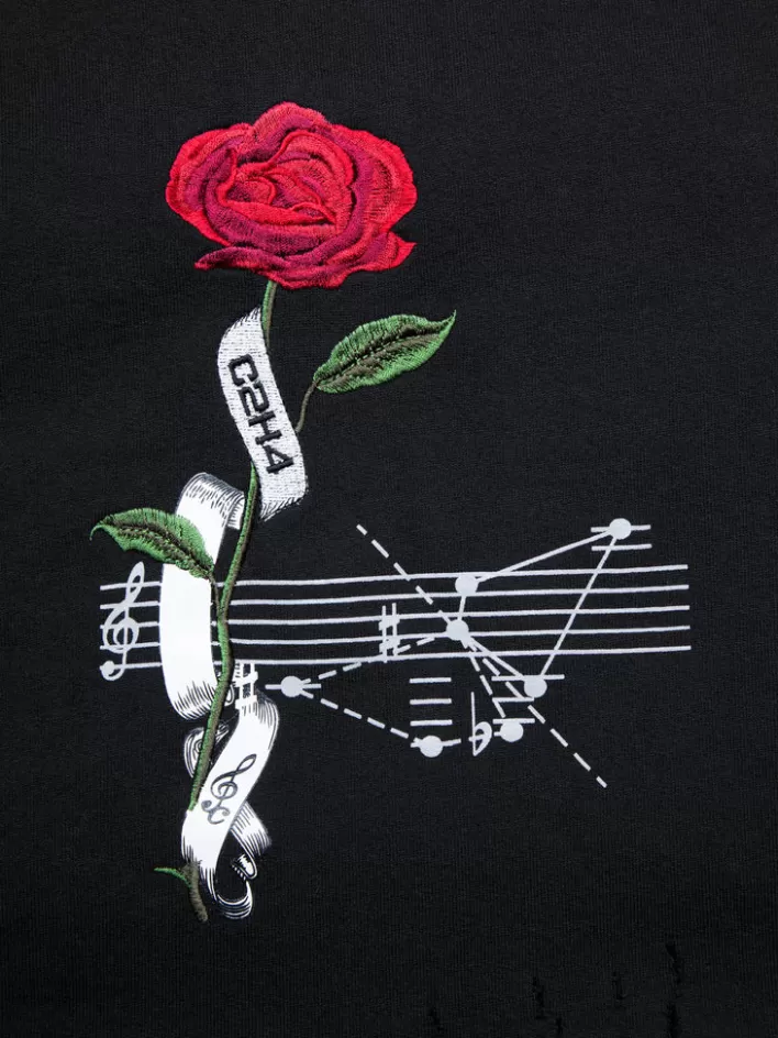 Hot C2H4 003 - "Rose On Score" Distressed Sleeveless Hoodie Black