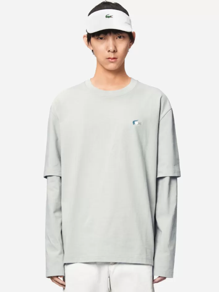 Store C2H4 X Lacoste Applique Logo Double Layer Long Sleeve T-Shirt Light Gray