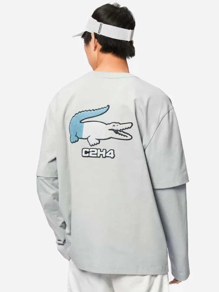 Store C2H4 X Lacoste Applique Logo Double Layer Long Sleeve T-Shirt Light Gray