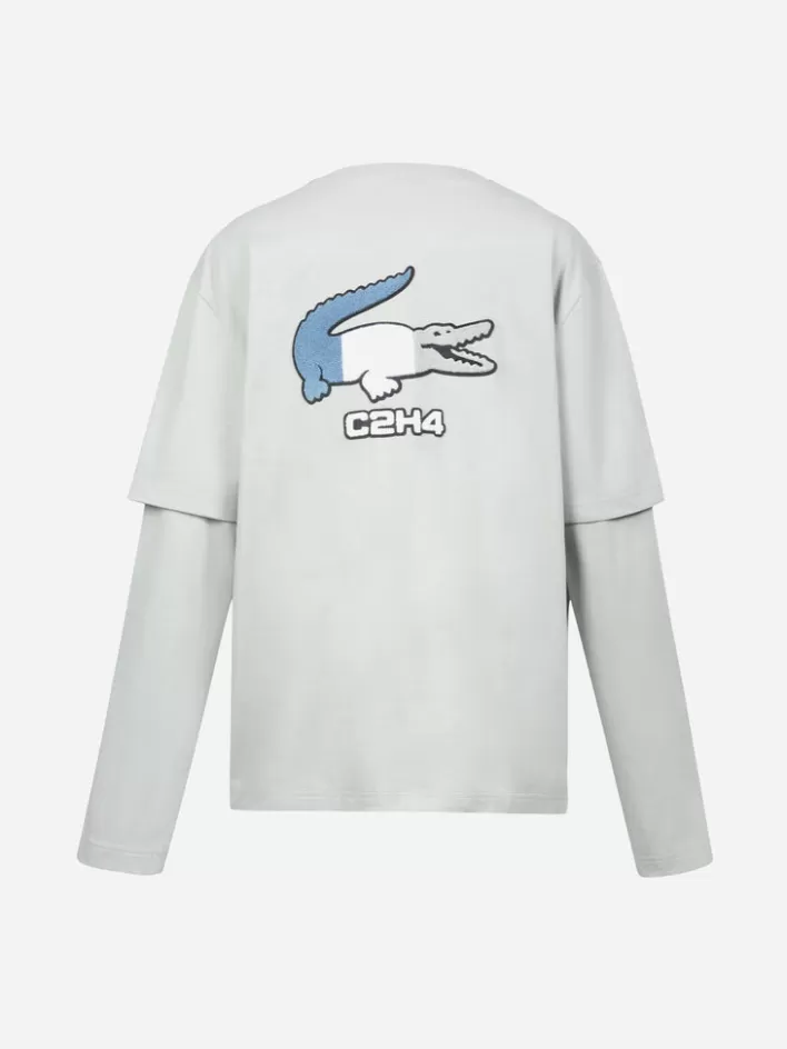 Store C2H4 X Lacoste Applique Logo Double Layer Long Sleeve T-Shirt Light Gray