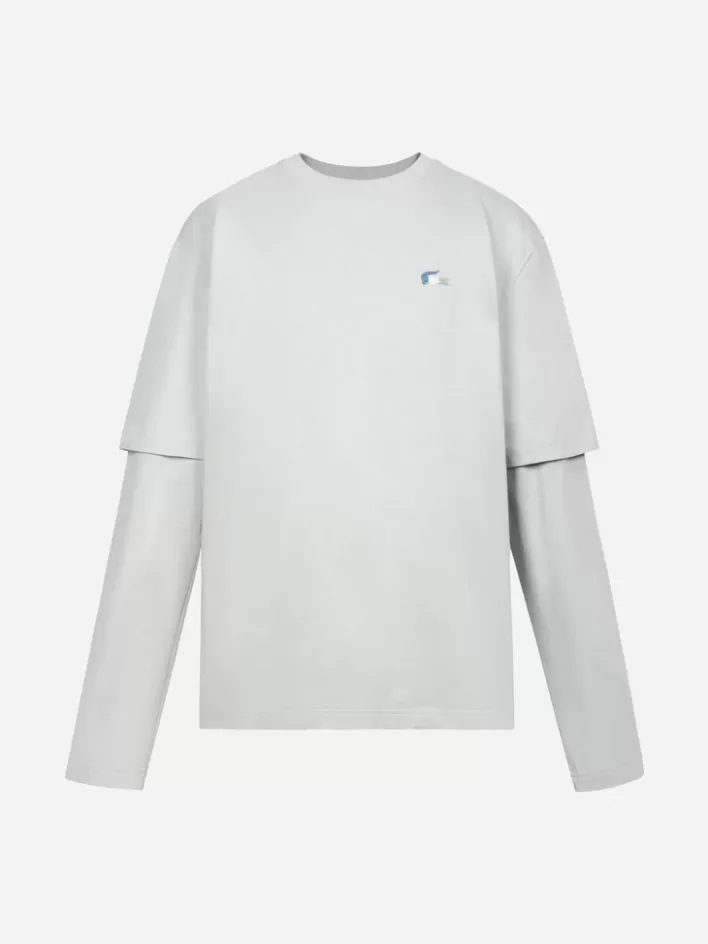 Store C2H4 X Lacoste Applique Logo Double Layer Long Sleeve T-Shirt Light Gray